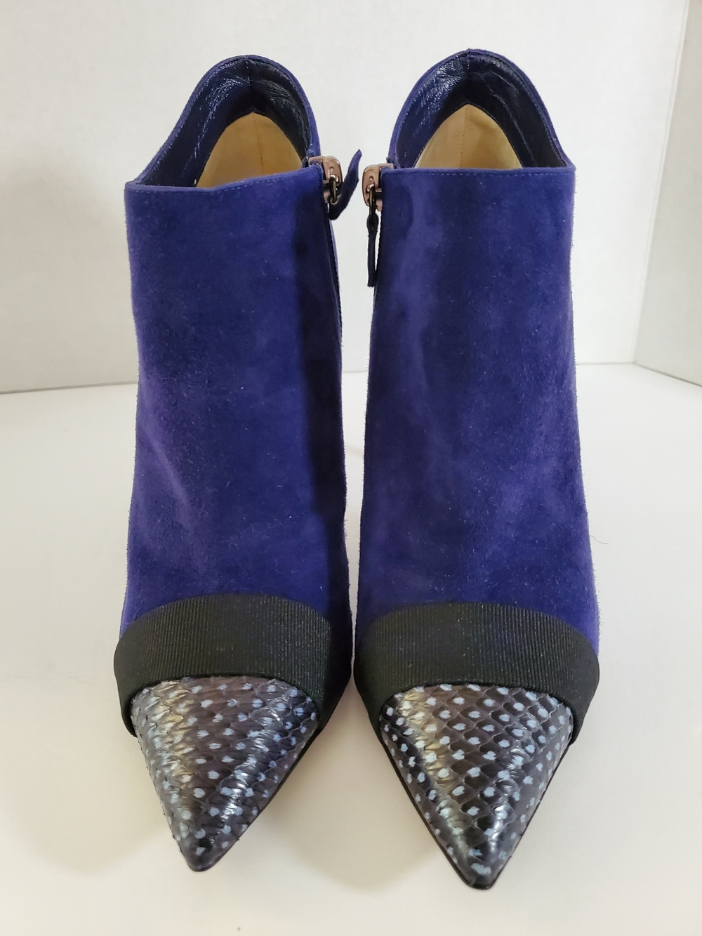 Nicholas Kirkwood Cobalt Suede Pointed Toe Ankle Booties with Textured Cap